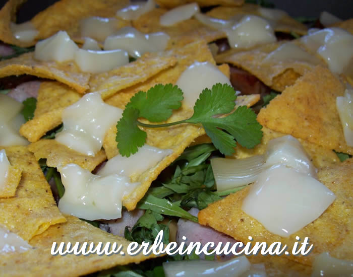 Nachos con salsiccia e coriandolo