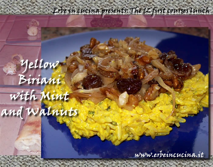 Yellow biriani with mint and walnuts