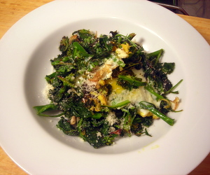 Kale, with garlic, lemon zest, fried farm egg and Parmigiano-Reggiano cheese