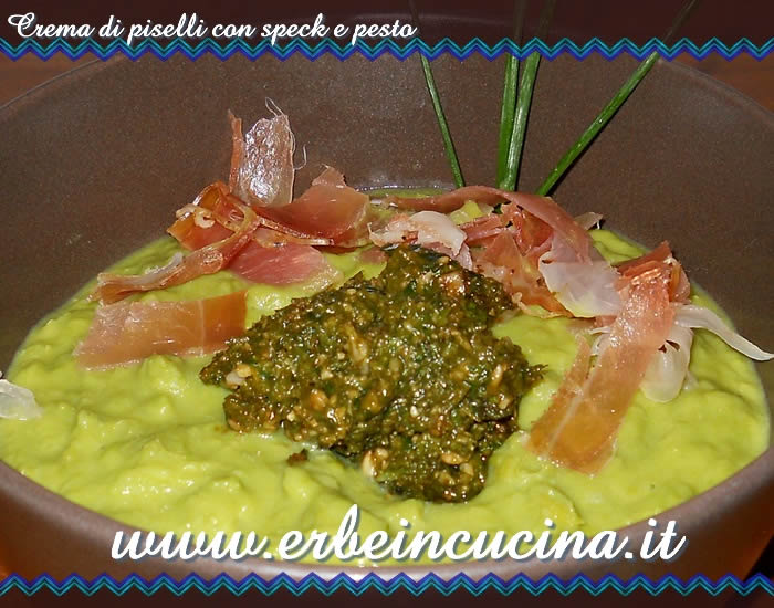 Crema di piselli con speck e pesto