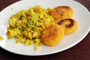 Dillicious Yellow Tofu Scramble and Mini Arepas